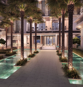 Artist impression of a majestic and elegant courtyard leading to Pavilion Hilltop’s main foyer